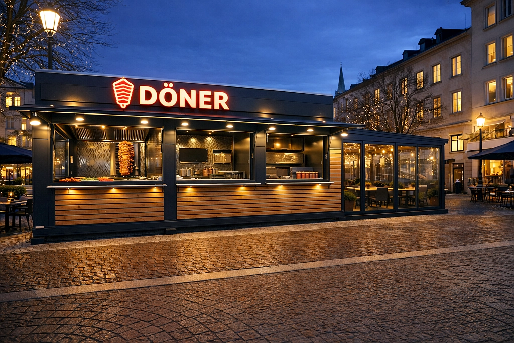 Individueller Dönercontainer mit Wintergarten bei Nacht