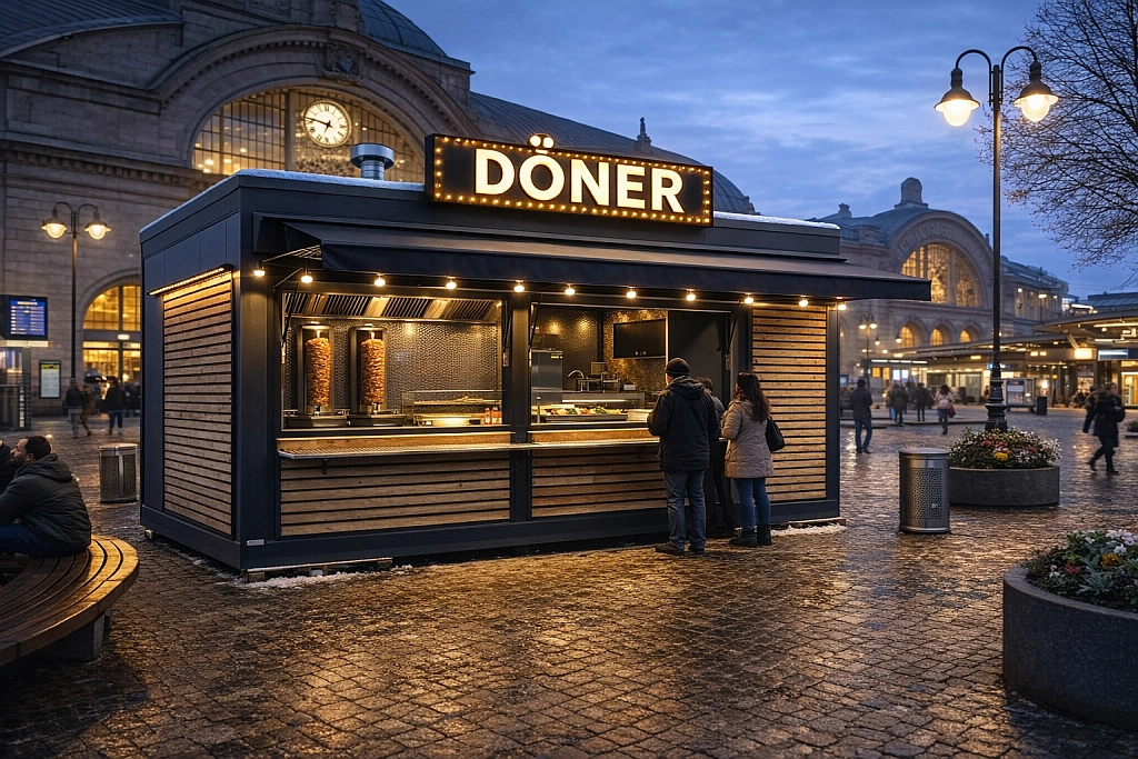 Moderner Imbisscontainer an stark frequentiertem Standort